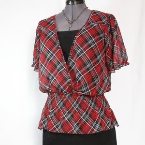 FANG Sheer Plaid Low Surplice Neck Top